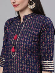 Women Navy Blue Three-Quarter Sleeves Straight Kurta Skirt With Dupatta