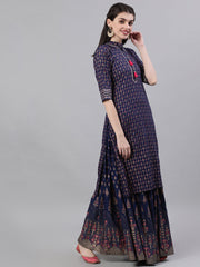 Women Navy Blue Three-Quarter Sleeves Straight Kurta Skirt With Dupatta