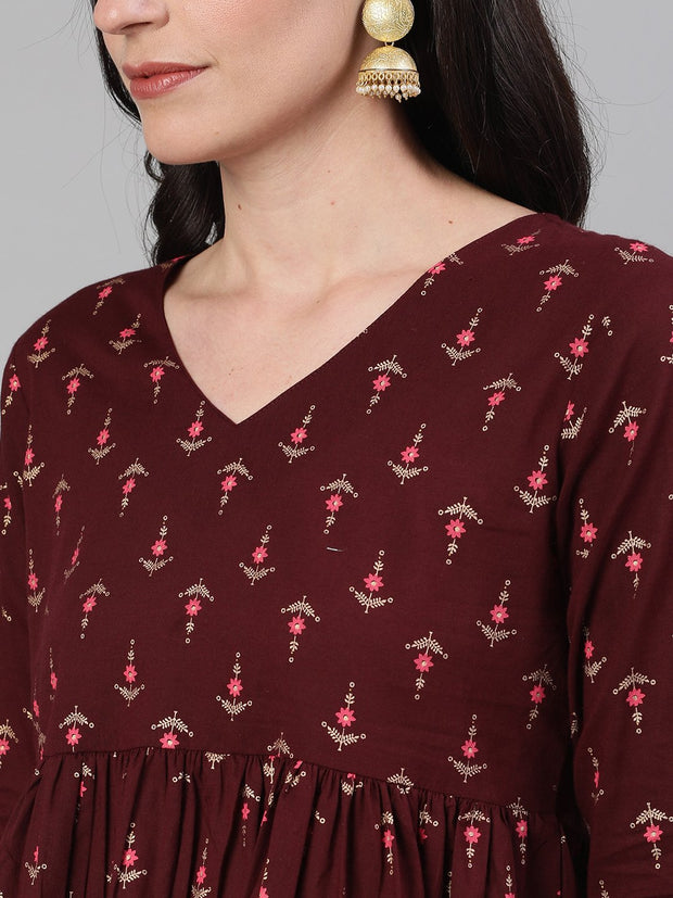 Women Wine Elbow Sleeves Printed A line Top