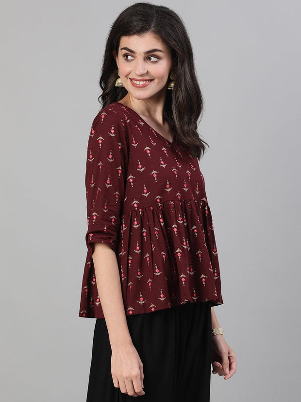 Women Wine Elbow Sleeves Printed A line Top