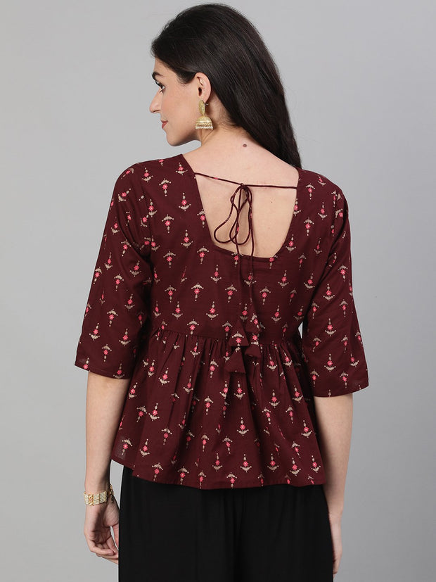 Women Wine Elbow Sleeves Printed A line Top