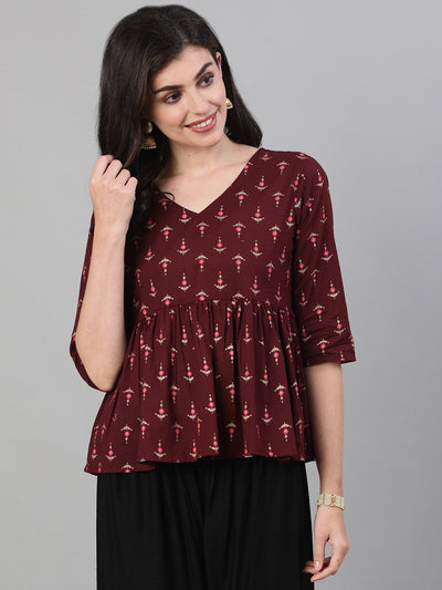 Women Wine Elbow Sleeves Printed A line Top