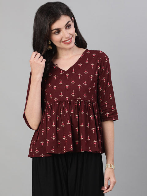 Women Wine Elbow Sleeves Printed A line Top