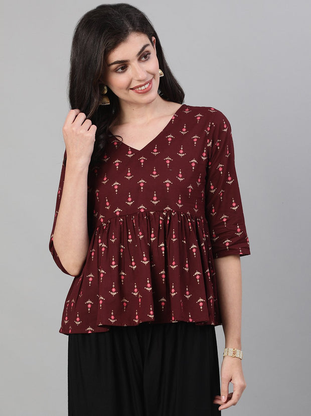 Women Wine Elbow Sleeves Printed A line Top