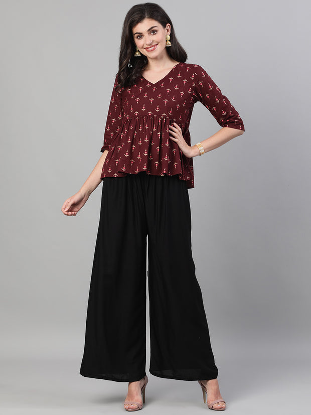Women Wine Elbow Sleeves Printed A line Top