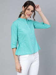Women Blue Stripped Top with Round Neck & Three Quarter Sleeves