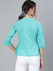 Women Blue Stripped Top with Round Neck & Three Quarter Sleeves