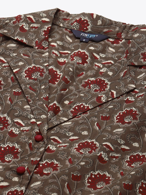 Womens Taupe & Maroon Printed Night Suit