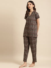 Womens Taupe & Maroon Printed Night Suit