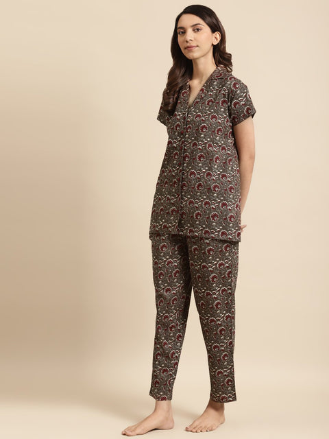 Womens Taupe & Maroon Printed Night Suit