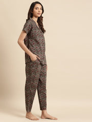 Womens Taupe & Maroon Printed Night Suit