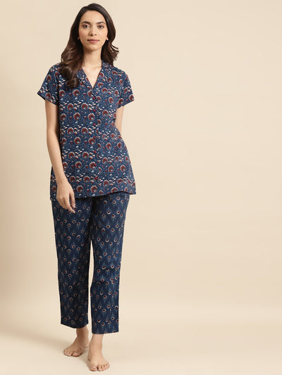 Womens Blue & Maroon Printed Night Suit