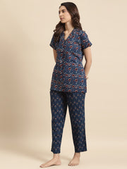 Womens Blue & Maroon Printed Night Suit