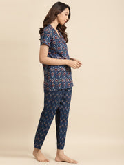 Womens Blue & Maroon Printed Night Suit