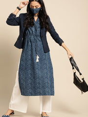 Women Indigo Three-Quarter Sleeves Straight Kurta With Cream Palazzo