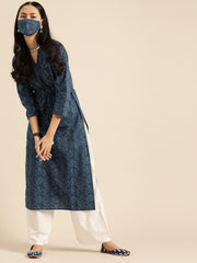 Women Indigo Three-Quarter Sleeves Straight Kurta With Cream Palazzo