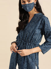 Women Indigo Three-Quarter Sleeves Straight Kurta With Cream Palazzo