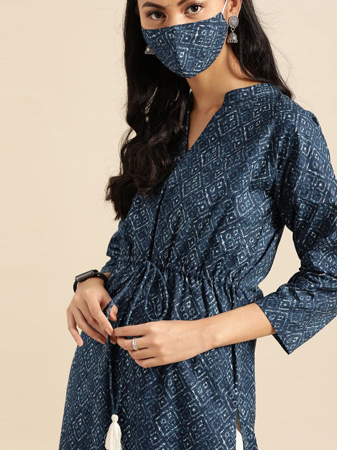 Women Indigo Three-Quarter Sleeves Straight Kurta With Cream Palazzo