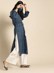 Women Indigo Three-Quarter Sleeves Straight Kurta With Cream Palazzo