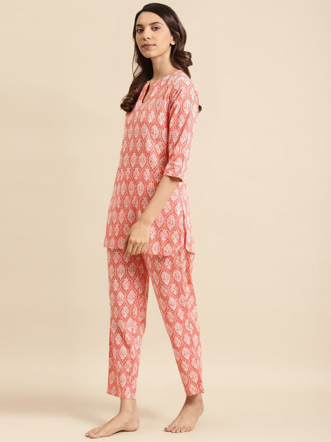 Womens Peach & Off White Printed Night Suit