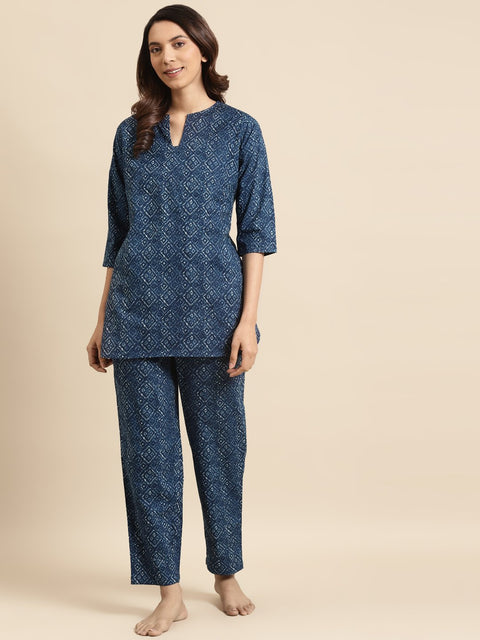 Womens Indigo Printed Night Suit