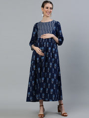 Women Blue Indigo Printed Flared Maternity Dress With Three Quarters sleeves