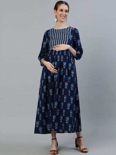 Women Blue Indigo Printed Flared Maternity Dress With Three Quarters sleeves