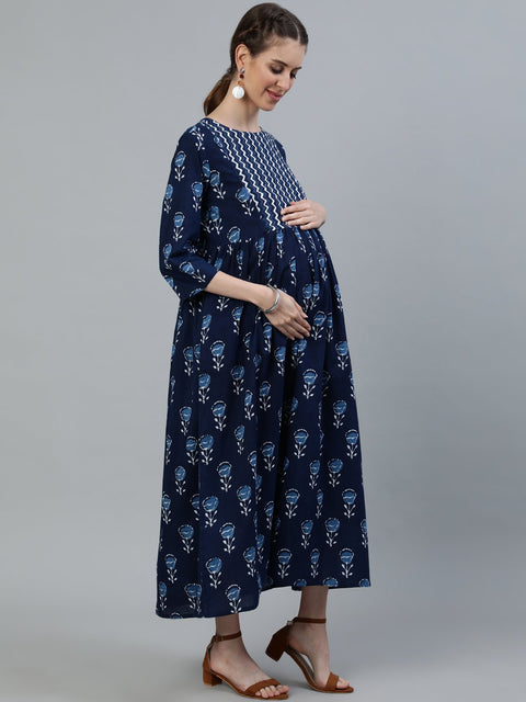 Women Blue Indigo Printed Flared Maternity Dress With Three Quarters sleeves