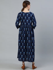 Women Blue Indigo Printed Flared Maternity Dress With Three Quarters sleeves