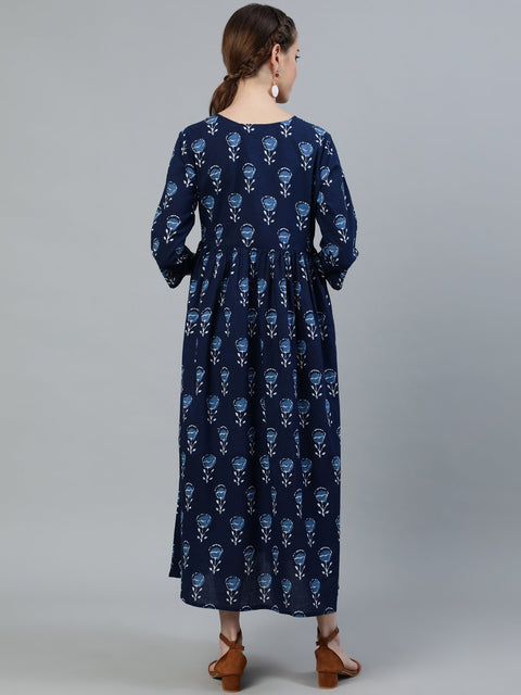 Women Blue Indigo Printed Flared Maternity Dress With Three Quarters sleeves
