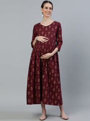 Women Maroon Printed Flared Maternity Dress With Three Quarters sleeves & Belt