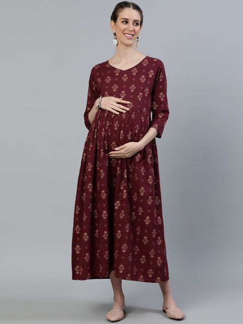 Women Maroon Printed Flared Maternity Dress With Three Quarters sleeves & Belt