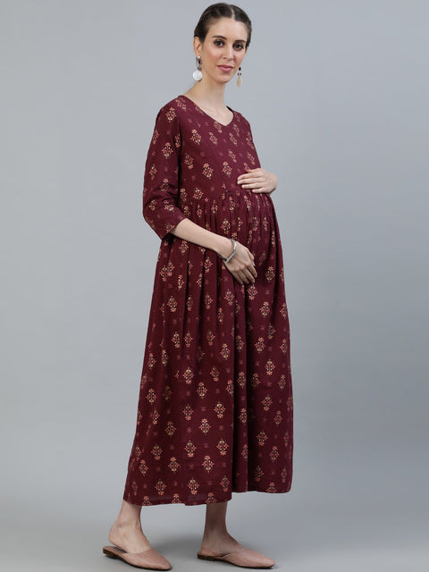 Women Maroon Printed Flared Maternity Dress With Three Quarters sleeves & Belt