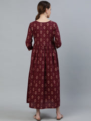 Women Maroon Printed Flared Maternity Dress With Three Quarters sleeves & Belt