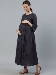 Women Taupe Polka dots Maternity dress with Belt