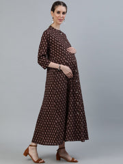 Women Brown Printed Maternity Dress With Three quarter sleeves