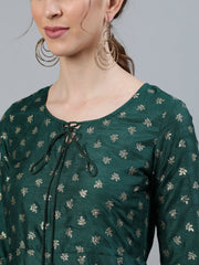 Women Green foil Printed Maxi Dress With Embroidered Net Dupatta