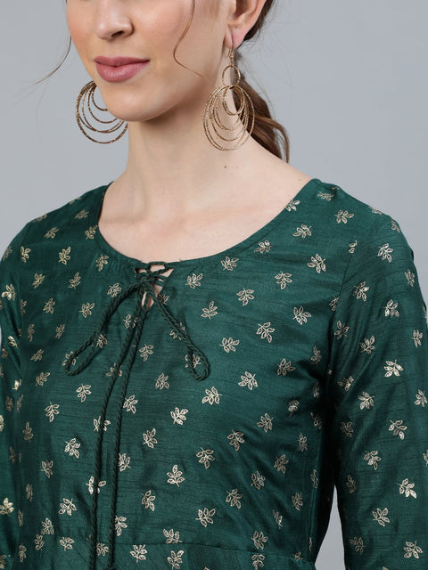 Women Green foil Printed Maxi Dress With Embroidered Net Dupatta