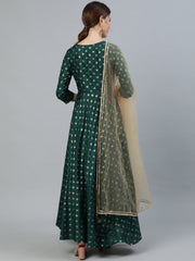 Women Green foil Printed Maxi Dress With Embroidered Net Dupatta