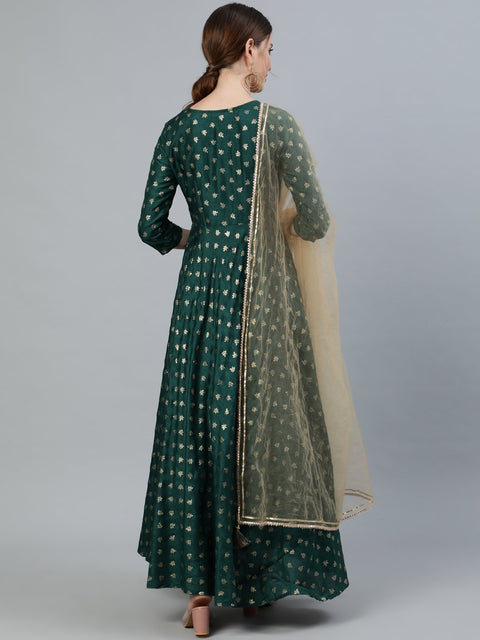 Women Green foil Printed Maxi Dress With Embroidered Net Dupatta