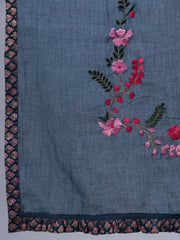 Women Blue Floral Printed Dress With Embroidered Dupatta