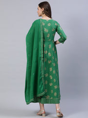 Women Green Floral Printed Dress With Dupatta