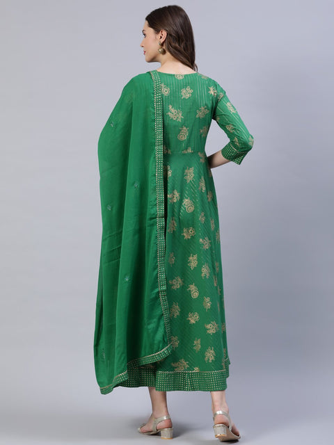 Women Green Floral Printed Dress With Dupatta
