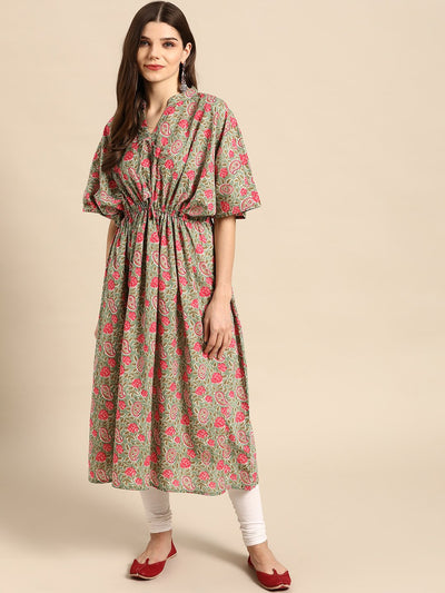 Women Sage Green & Pink Floral Printed Kaftan With Tie-Ups