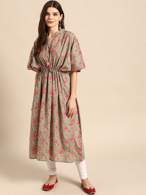 Women Sage Green & Pink Floral Printed Kaftan With Tie-Ups