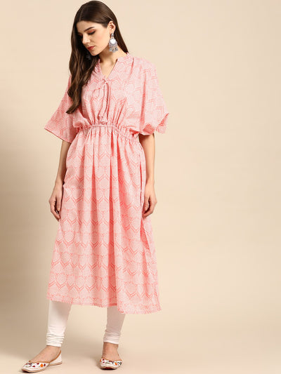 Women Pink & White Floral Printed Kaftan With Tie-Ups
