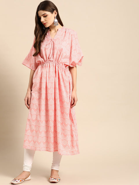 Women Pink & White Floral Printed Kaftan With Tie-Ups