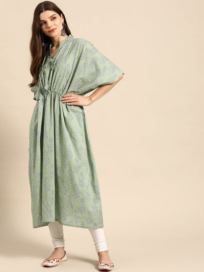 Women Sage Green & off White Printed Kaftan With Tie-Ups
