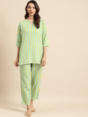 Womens light Green Striped Night Suit