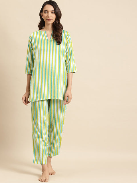 Womens light Green Striped Night Suit